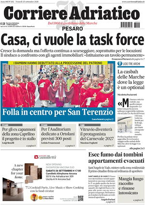 Prima pagina Corriere Adriatico (Pesaro) di oggi - Quotidiano regionale