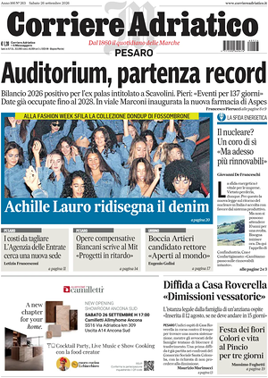 Prima pagina Corriere Adriatico (Pesaro) di oggi - Quotidiano regionale