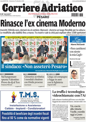 Prima pagina Corriere Adriatico (Pesaro) di oggi - Quotidiano regionale
