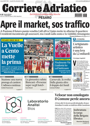 Prima pagina Corriere Adriatico (Pesaro) di oggi - Quotidiano regionale