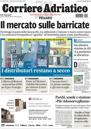 Prima pagina Corriere Adriatico (Pesaro) di oggi - Quotidiano regionale