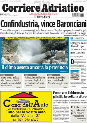 Prima pagina Corriere Adriatico (Pesaro) di oggi - Quotidiano regionale