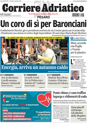 Prima pagina Corriere Adriatico (Pesaro) di oggi - Quotidiano regionale