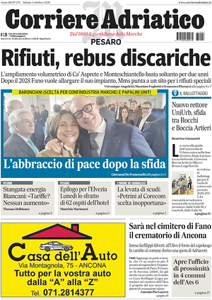 Prima pagina Corriere Adriatico (Pesaro) di oggi - Quotidiano regionale