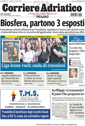 Prima pagina Corriere Adriatico (Pesaro) di oggi - Quotidiano regionale