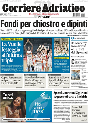 Prima pagina Corriere Adriatico (Pesaro) di oggi - Quotidiano regionale