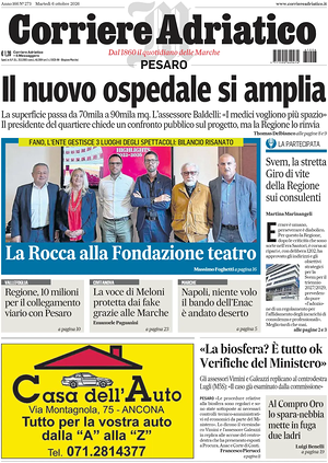 Prima pagina Corriere Adriatico (Pesaro) di oggi - Quotidiano regionale