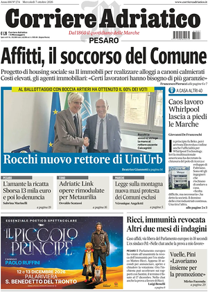Prima pagina Corriere Adriatico (Pesaro) di oggi - Quotidiano regionale