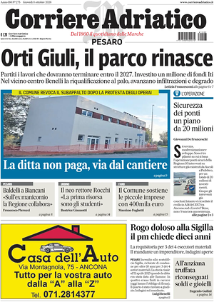 Prima pagina Corriere Adriatico (Pesaro) di oggi - Quotidiano regionale