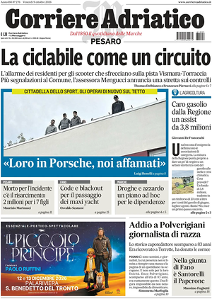 Prima pagina Corriere Adriatico (Pesaro) di oggi - Quotidiano regionale