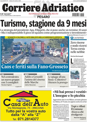 Prima pagina Corriere Adriatico (Pesaro) di oggi - Quotidiano regionale