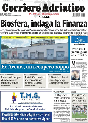 Prima pagina Corriere Adriatico (Pesaro) di oggi - Quotidiano regionale