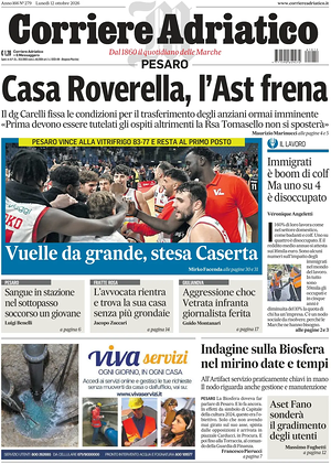Prima pagina Corriere Adriatico (Pesaro) di oggi - Quotidiano regionale