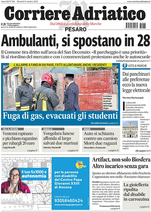 Prima pagina Corriere Adriatico (Pesaro) di oggi - Quotidiano regionale