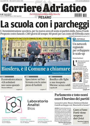 Prima pagina Corriere Adriatico (Pesaro) di oggi - Quotidiano regionale