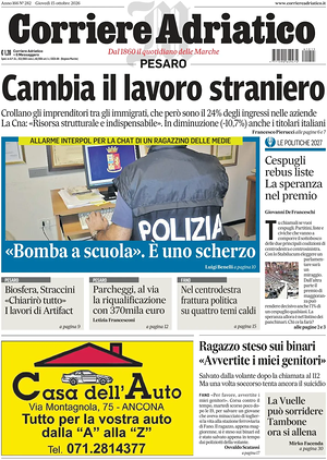 Prima pagina Corriere Adriatico (Pesaro) di oggi - Quotidiano regionale