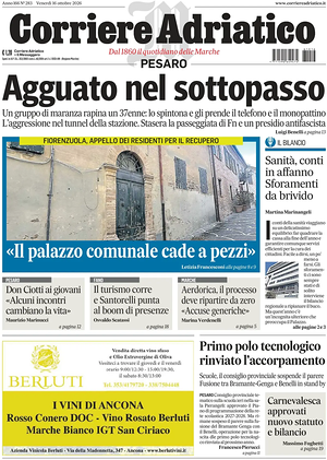 Prima pagina Corriere Adriatico (Pesaro) di oggi - Quotidiano regionale