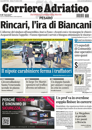 Prima pagina Corriere Adriatico (Pesaro) di oggi - Quotidiano regionale