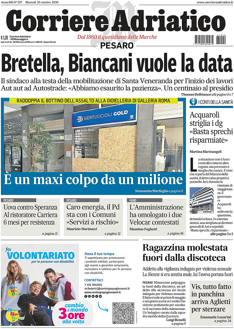 Prima pagina Corriere Adriatico (Pesaro) di oggi - Edicola 20 Ottobre 2026