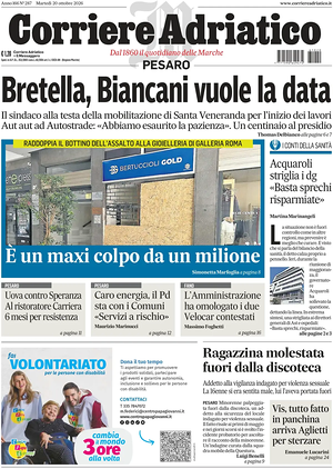 Prima pagina Corriere Adriatico (Pesaro) di oggi - Quotidiano regionale