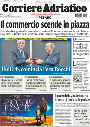 Prima pagina Corriere Adriatico (Pesaro) di oggi - Quotidiano regionale