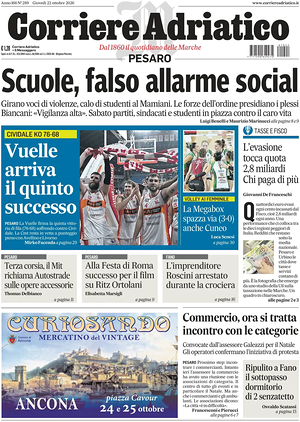 Prima pagina Corriere Adriatico (Pesaro) di oggi - Quotidiano regionale