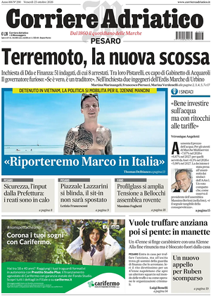 Prima pagina Corriere Adriatico (Pesaro) di oggi - Quotidiano regionale