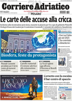 Prima pagina Corriere Adriatico (Pesaro) di oggi - Quotidiano regionale