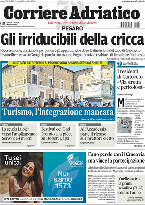 Prima pagina Corriere Adriatico (Pesaro) di oggi - Quotidiano regionale