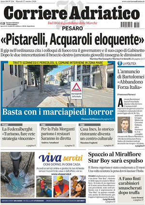 Prima pagina Corriere Adriatico (Pesaro) di oggi - Quotidiano regionale