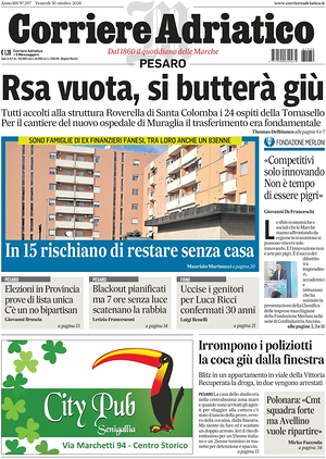 Prima pagina Corriere Adriatico (Pesaro) di oggi - Quotidiano regionale