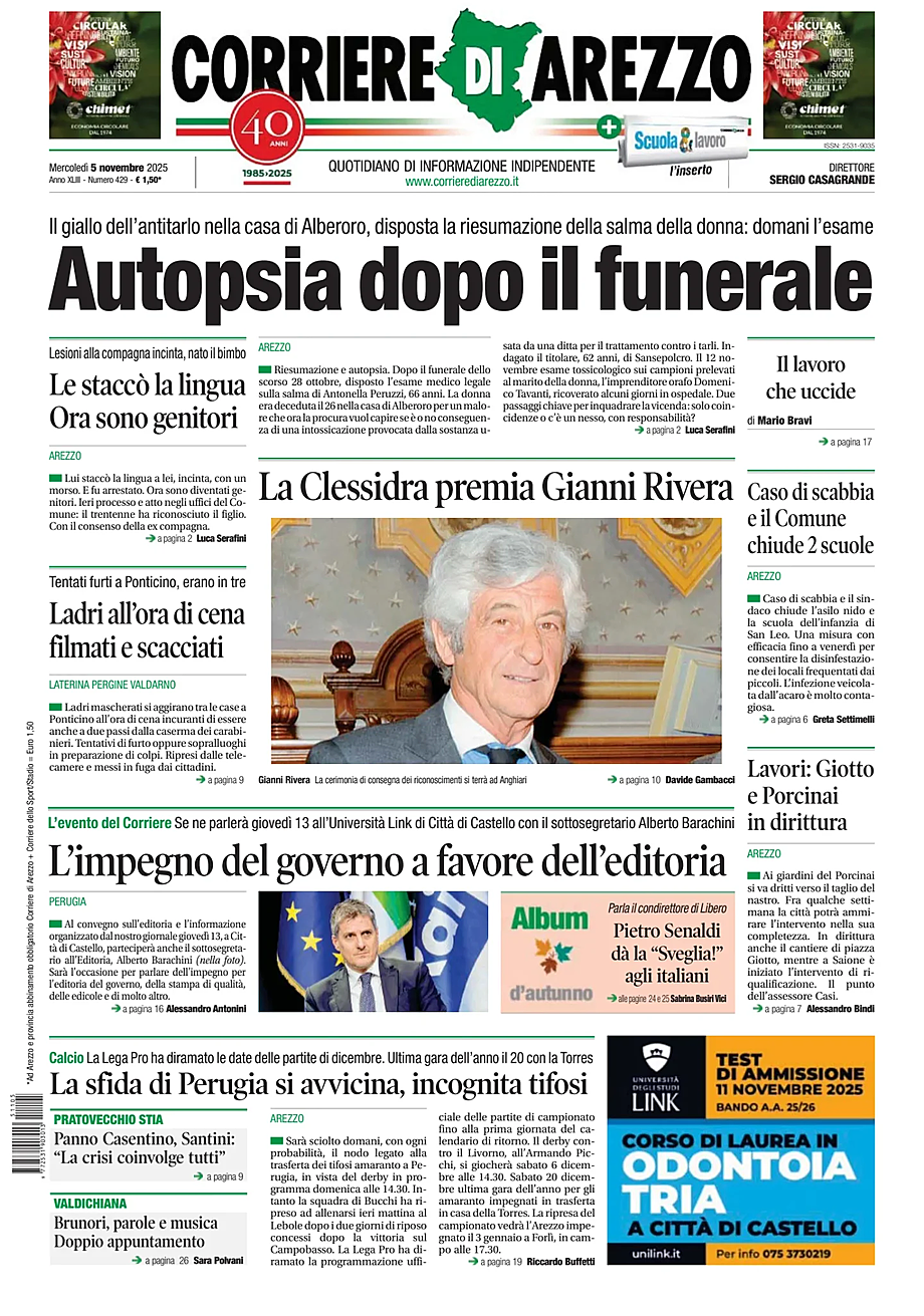 Prima pagina Corriere di Arezzo di oggi - Edicola 5 Novembre 2025