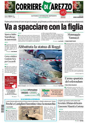 Prima pagina Corriere di Arezzo di oggi - Quotidiano regionale