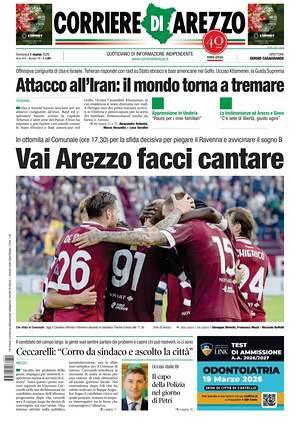 Prima pagina Corriere di Arezzo di oggi - Quotidiano regionale