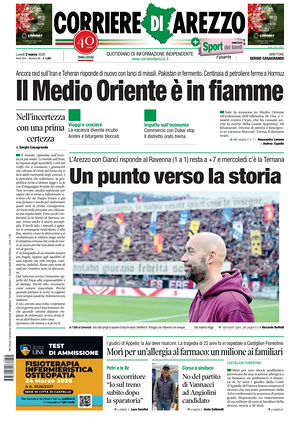 Prima pagina Corriere di Arezzo di oggi - Quotidiano regionale