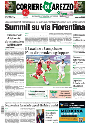 Prima pagina Corriere di Arezzo di oggi - Quotidiano regionale