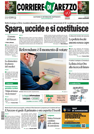 Prima pagina Corriere di Arezzo di oggi - Quotidiano regionale