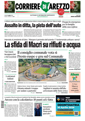 Prima pagina Corriere di Arezzo di oggi - Quotidiano regionale