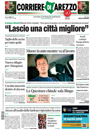 Prima pagina Corriere di Arezzo di oggi - Quotidiano regionale