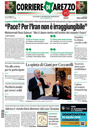 Prima pagina Corriere di Arezzo di oggi - Quotidiano regionale