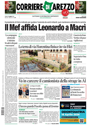 Prima pagina Corriere di Arezzo di oggi - Quotidiano regionale