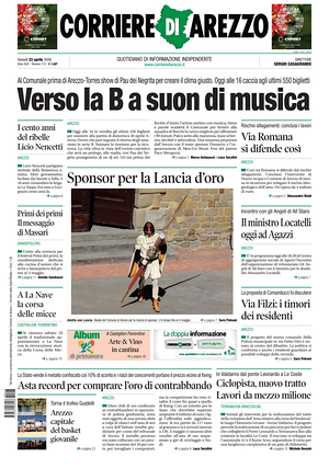 Prima pagina Corriere di Arezzo di oggi - Quotidiano regionale