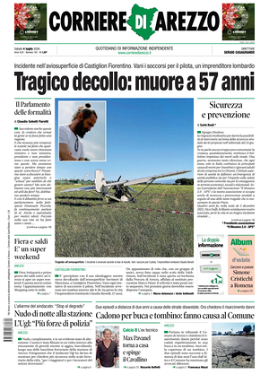 Prima pagina Corriere di Arezzo di oggi - Quotidiano regionale