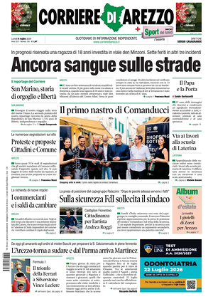 Prima pagina Corriere di Arezzo di oggi - Quotidiano regionale