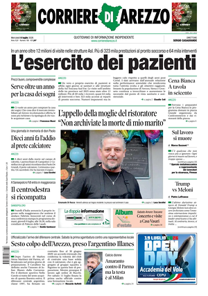 Prima pagina Corriere di Arezzo di oggi - Quotidiano regionale