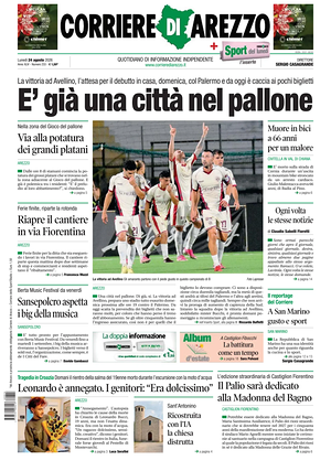 Prima pagina Corriere di Arezzo di oggi - Quotidiano regionale