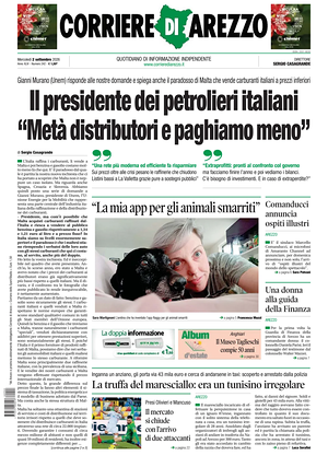Prima pagina Corriere di Arezzo di oggi - Quotidiano regionale