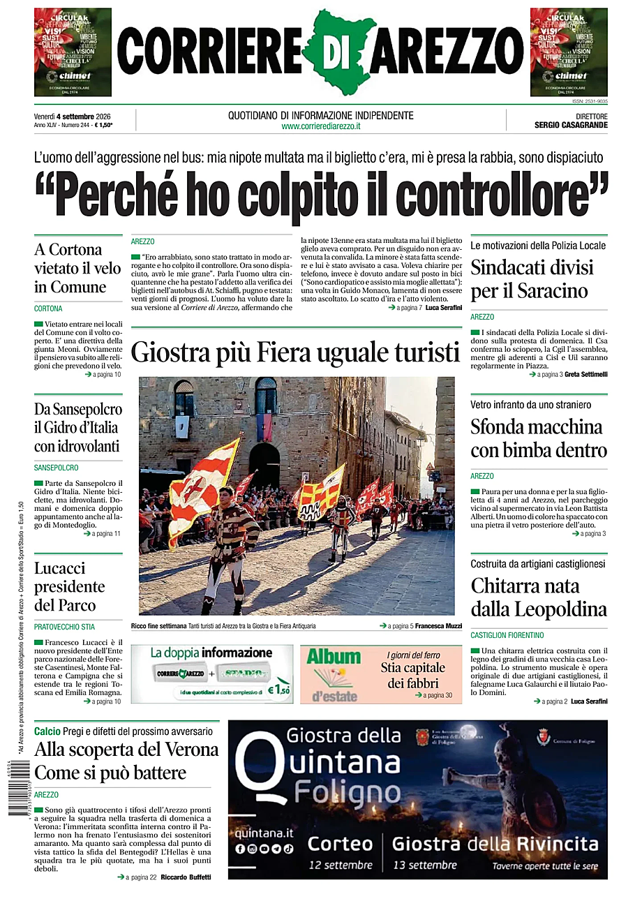 Prima pagina Corriere di Arezzo di oggi - Edicola 4 Settembre 2026