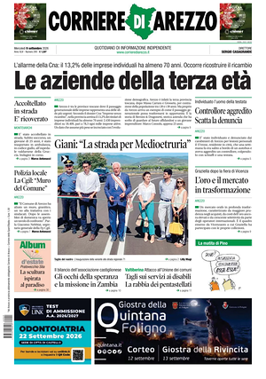 Prima pagina Corriere di Arezzo di oggi - Quotidiano regionale