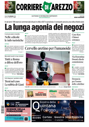 Prima pagina Corriere di Arezzo di oggi - Quotidiano regionale